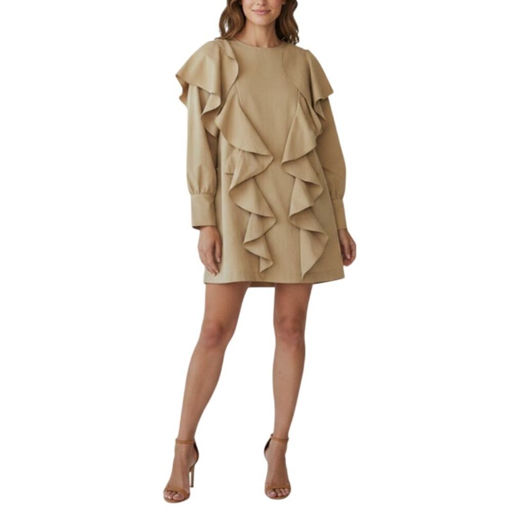 STORETS Double Ruffle Mini Dress-Tunic S/M Tan Coquette Boho Chick Fairy Unique